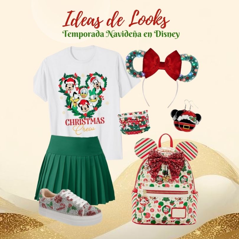 Collage outfit rojo y verde Mickey Navidad para Disney