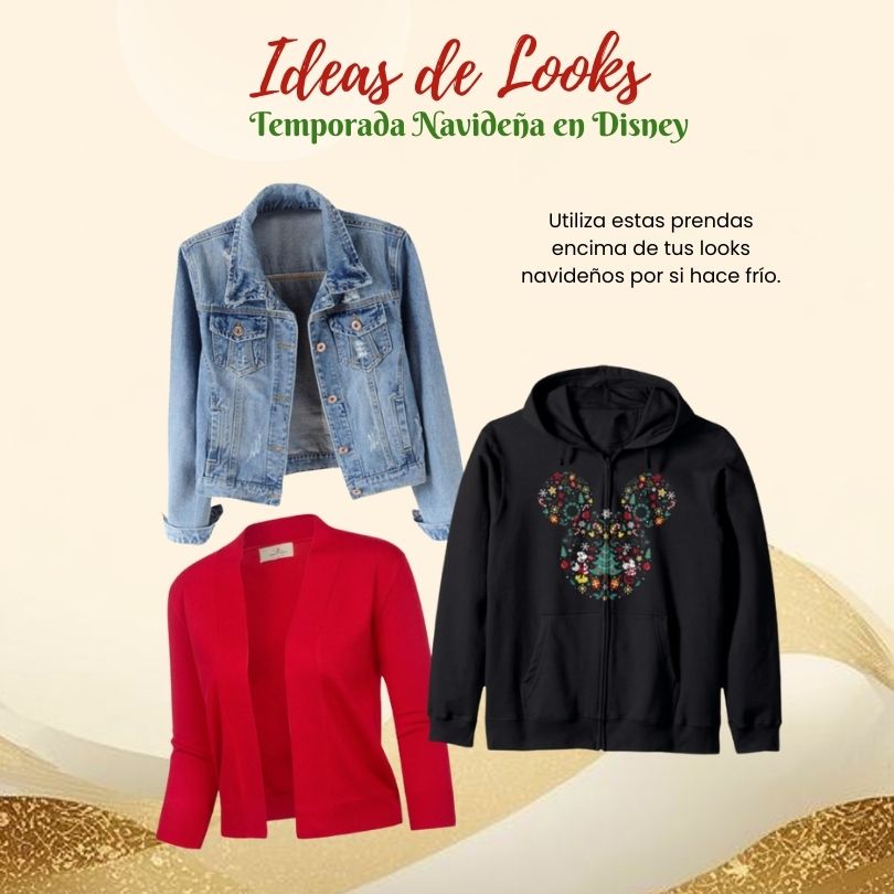 Collage outfit abrigo navideño para noches frescas en Disney