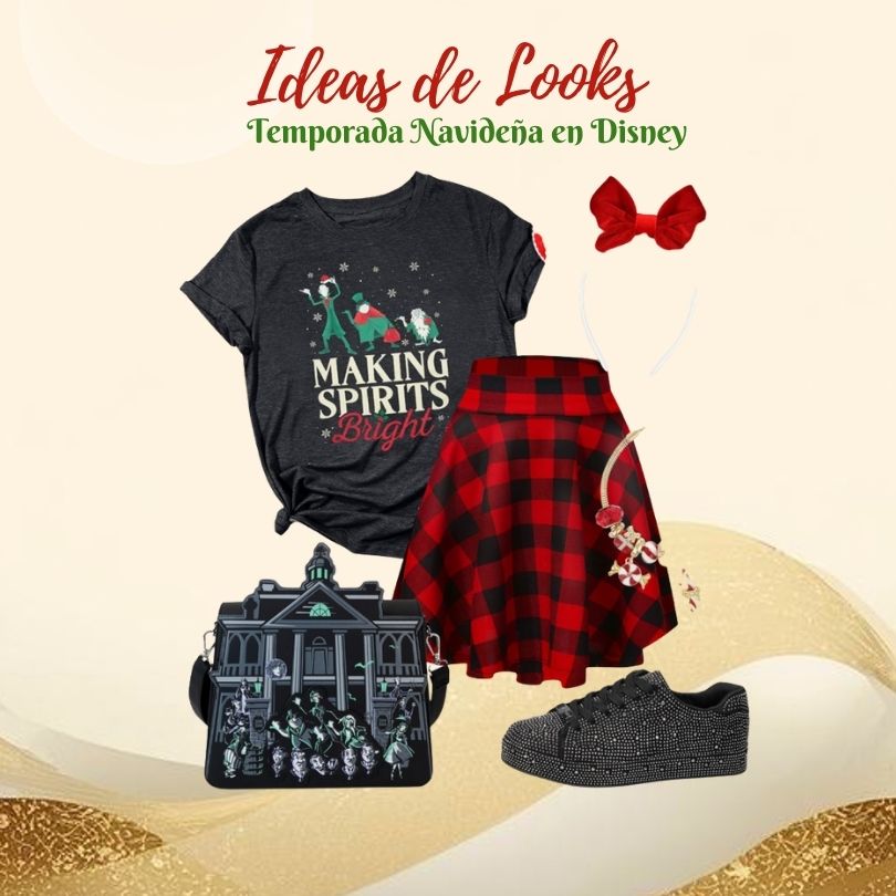 Collage look navideño cuadros rojos Disney
