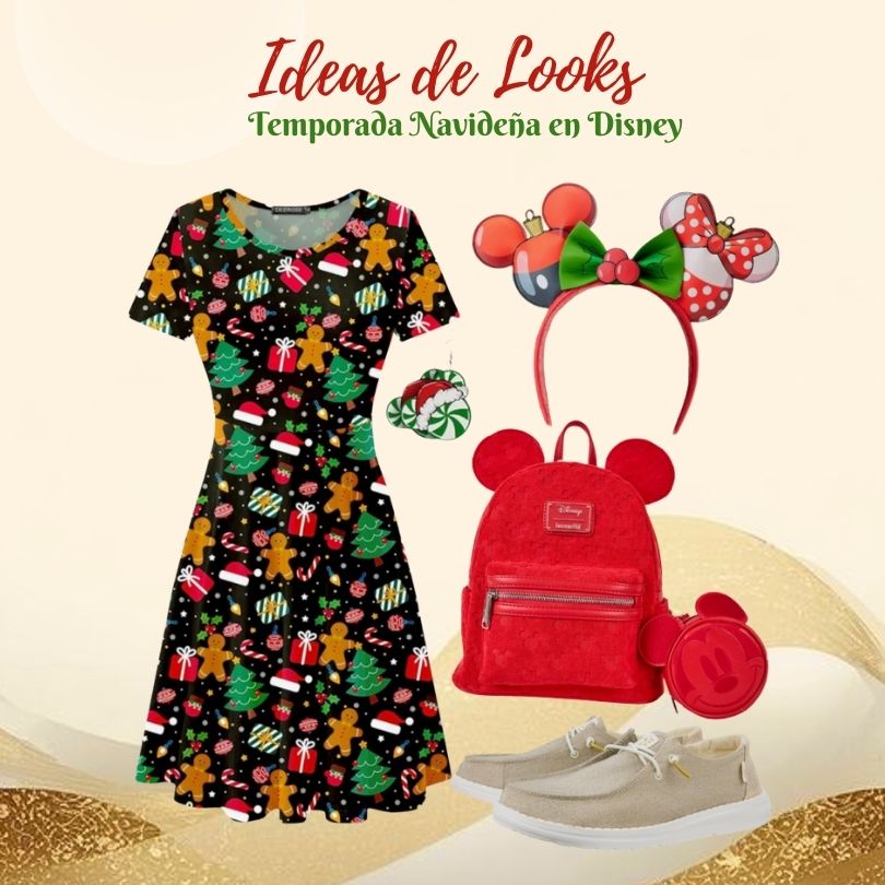 Collage vestido navideño Disney con accesorios