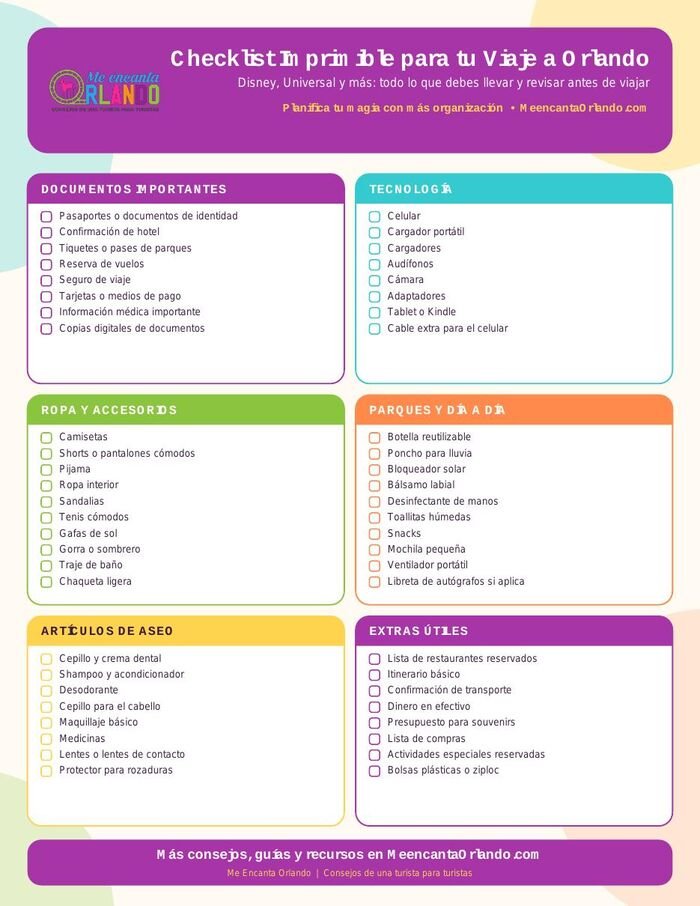 Vista previa del checklist imprimible para tu viaje a Orlando