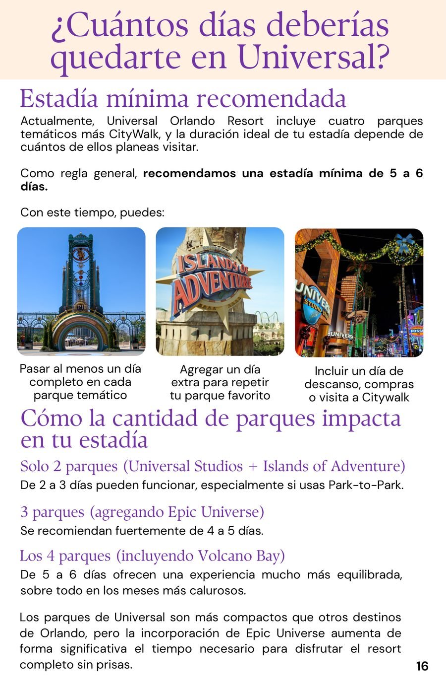 Página interior de la guía con recomendaciones de días en Universal