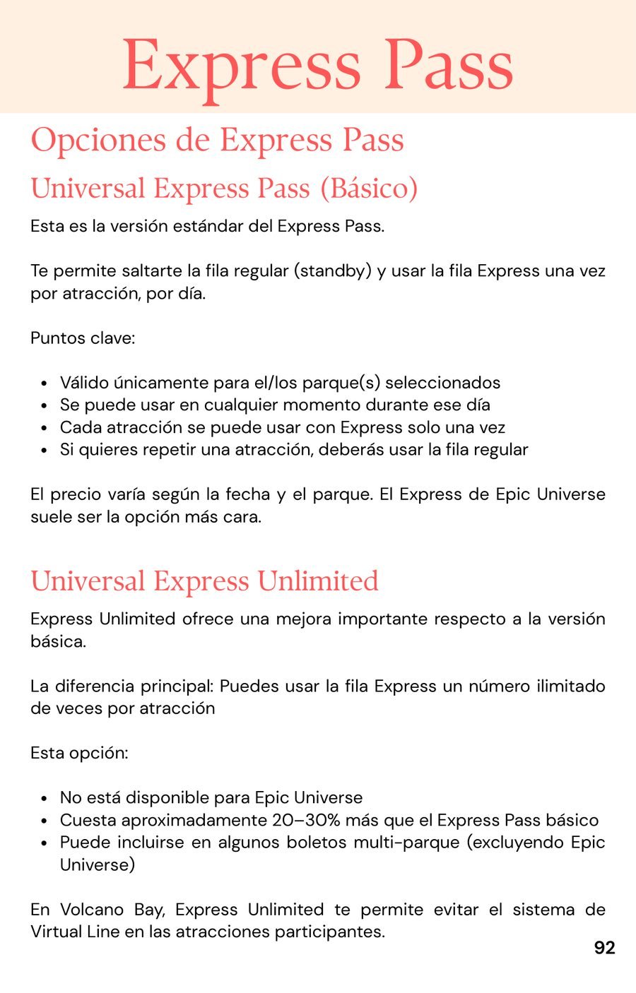 Sección de Express Pass de la guía Universal Orlando